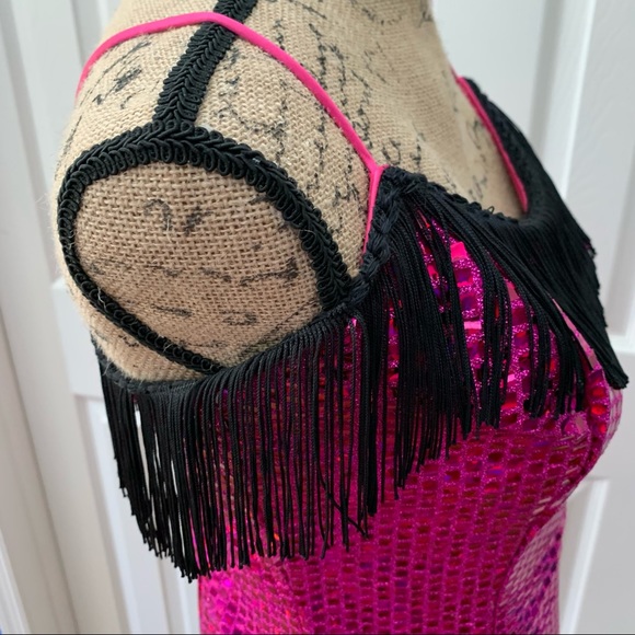 Vintage 1920s Flapper Fuchsia Sequin Black Fringe Spaghetti Strap Dress - Picture 4 of 11
